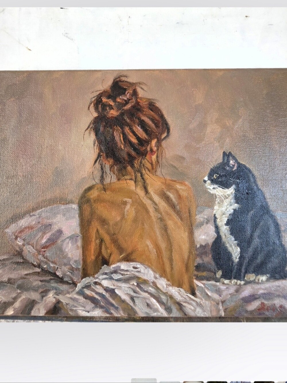 Abstract oil Painting cute Tuxedo cat With Hydrangea